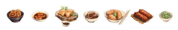 中華料理 アジア料理 モポ豆腐 ドラゴンひげキャンディー タングル ワック アヒル ダンプ ワントン 揚げ麺 — ストックベクタ
