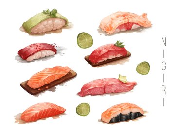 Güzel lezzetli Japon suşi deniz ürünleri seti - suluboya elle çizilmiş nesneler beyaz arka planda izole edilmiş - vektör illüstrasyonu