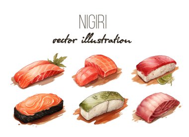 Güzel lezzetli Japon suşi deniz ürünleri seti - suluboya elle çizilmiş nesneler beyaz arka planda izole edilmiş - vektör illüstrasyonu