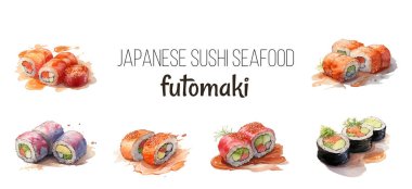 Suluboya Japon çerçevesi. El yapımı Japon nesneleri ile çerçeve: Torigami kapısı, origami kuşu, Japonya bayrağı, lacky cat, J apalian fener ve fan