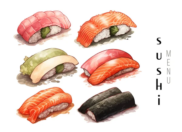 Conjunto Belos Saborosos Frutos Mar Sushi Japonês Aquarela Mão Desenhada —  Vetores de Stock