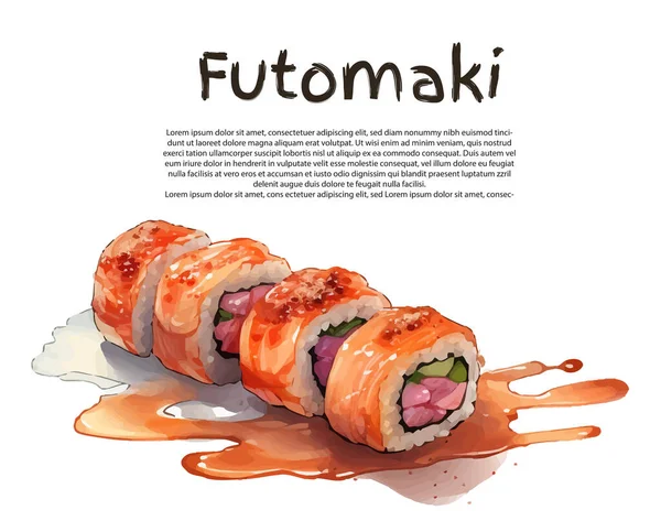 Conjunto Belos Frutos Mar Sushi Japonês Saboroso Aquarela Mão Desenhada — Vetor de Stock