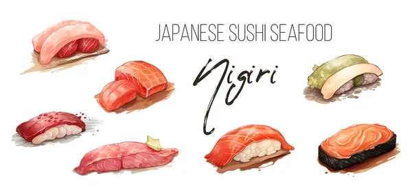 Serie Bellissimi Gustosi Frutti Mare Sushi Giapponesi Oggetti Disegnati Mano — Vettoriale Stock
