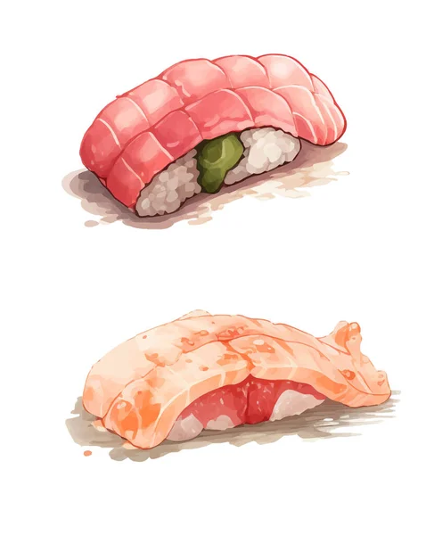 Set Indah Jepang Sushi Seafood Cat Air Gambar Tangan Objek - Stok Vektor