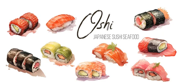 Serie Bellissimi Gustosi Frutti Mare Sushi Giapponesi Oggetti Disegnati Mano — Vettoriale Stock