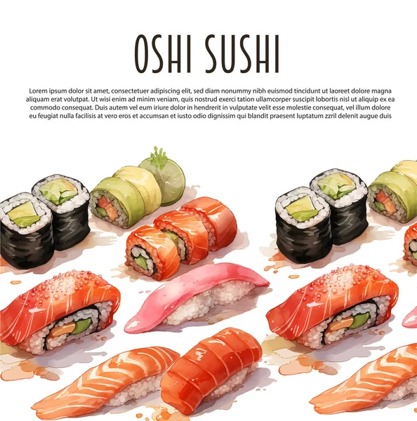 Conjunto Hermosos Sabrosos Mariscos Sushi Japoneses Acuarela Objetos Dibujados Mano — Vector de stock