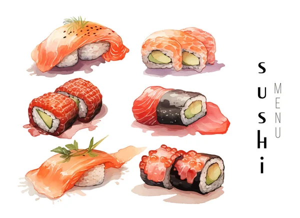Uppsättning Vackra Välsmakande Japanska Sushi Skaldjur Akvarell Handritade Objekt Isolerade — Stock vektor