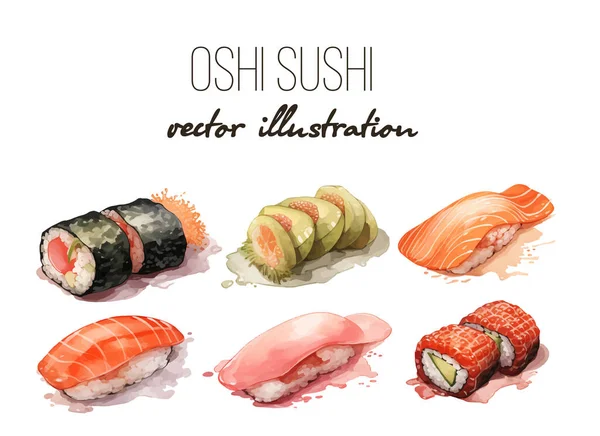 Conjunto Belos Saborosos Frutos Mar Sushi Japonês Aquarela Mão Desenhada — Vetor de Stock