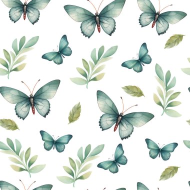 Uçan kelebeklerin kusursuz deseni mavi, sarı ve kahverengi renkler. Beyaz arkaplanda vintage biçiminde vektör illüstrasyonu.