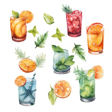 Suluboya vektör seti renkli meyveli yaz kokteylleri. Yaz partisi. Kutlama kartları veya parti broşürleri için vektör düzenlemeleri. El yapımı suluboya yaz ferahlatıcı alkollü içecek seti. Klasik içeceklerin farklı g tiplerinde bir çizimi