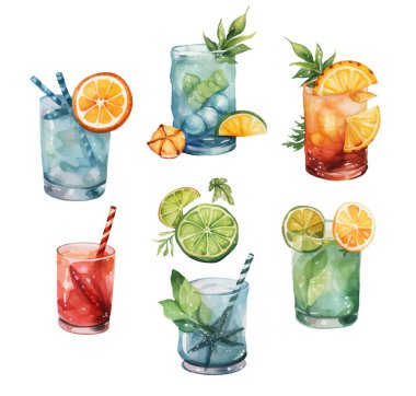 Suluboya vektör seti renkli meyveli yaz kokteylleri. Yaz partisi. Kutlama kartları veya parti broşürleri için vektör düzenlemeleri. El yapımı suluboya yaz ferahlatıcı alkollü içecek seti. Klasik içeceklerin farklı g tiplerinde bir çizimi