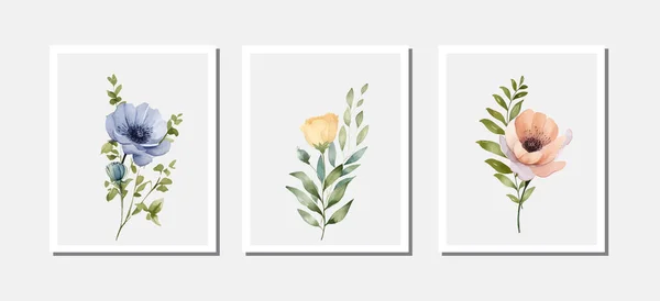 Een Set Wenskaarten Bloemenframe Met Perzikbloemen Gouden Bloemen Eucalyptusbladeren Gouden — Stockvector