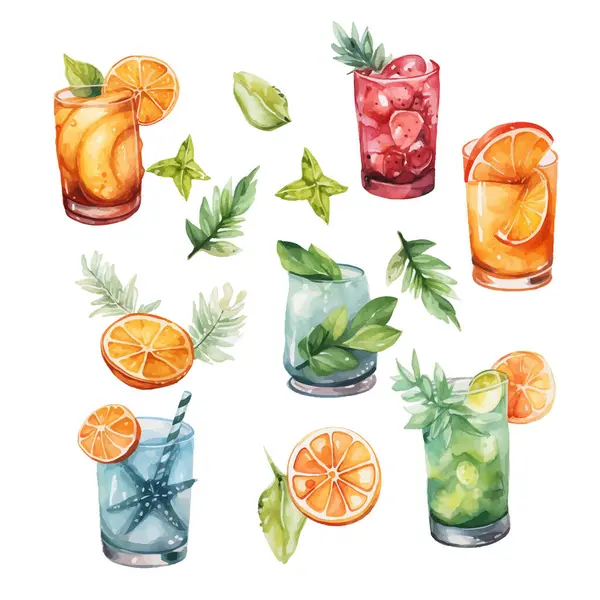 Set Vector Watercolor Colorful Fruity Summer Cocktails Summer Party Vector — Stock Vector