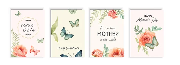 マザーズ グリーティング カード 繊細な繊細なハッピーマザーの日の花の挨拶カードのコレクション バナー ポスター 素敵な春の花と招待状の挨拶カードテンプレート — ストックベクタ