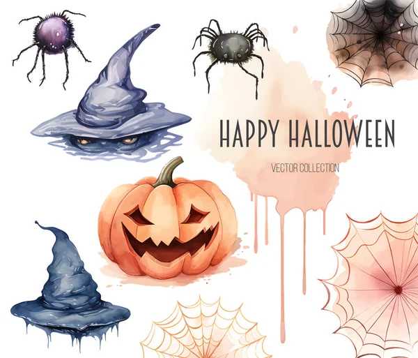 Halloween Zestaw Ilustrowanych Elementów Wektorowych Dynia Kocioł Wiedźmy Cukierki Kruk — Wektor stockowy