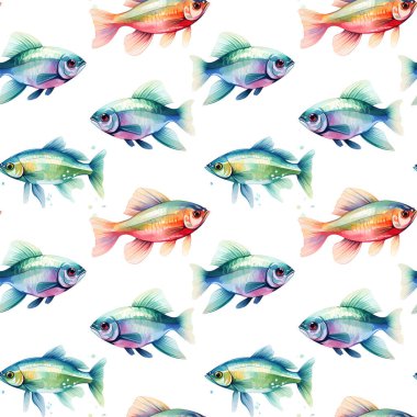 Watercolor oriental pattern with rainbow carps. Seamless oriental texture with isolated hand drawn fishes. Asian natural background in vector clipart