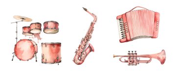 Şirin suluboya müzik enstrümanları piyano, keman, saksafon ve davul, klasik tarz. Vektör illüstrasyonu