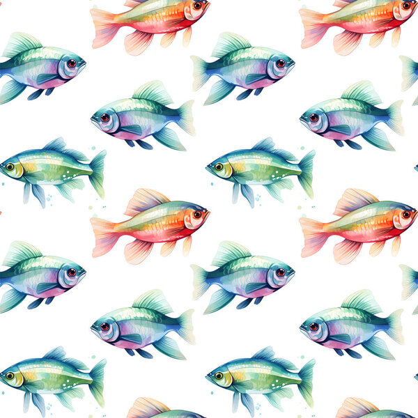 Watercolor oriental pattern with rainbow carps. Seamless oriental texture with isolated hand drawn fishes. Asian natural background in vector