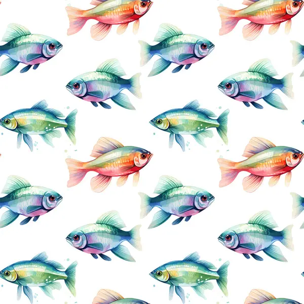 虹の車が付いている水彩の東洋のパターン 孤立した手描きの魚を使ったシームレスなオリエンタルテクスチャ ベクターのアジアの自然な背景 — ストックベクタ