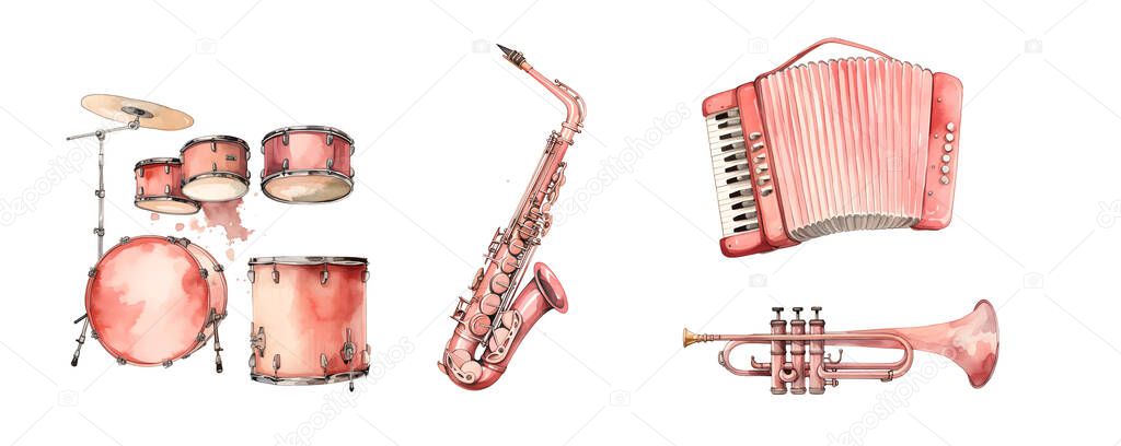 Cute watercolor musical instruments including piano, violin, saxophone and drum, vintage style. Vector illustration