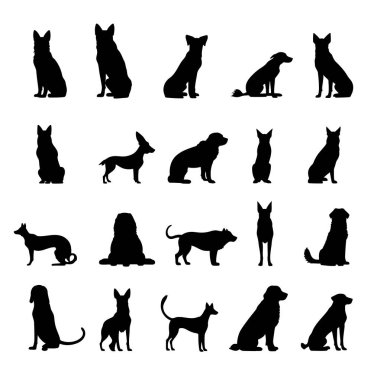 Farklı türlerde vektör seti beyaz arka planda siyah renkli köpek siluetleri üretir. SVG