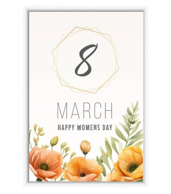 Sarı gelincikli tebrik kartı şablonu, feminist aktivistler ve mutlu kadınlar günü dilekleri. 8 Mart kutlamaları için modern tatil vektör illüstrasyonu.