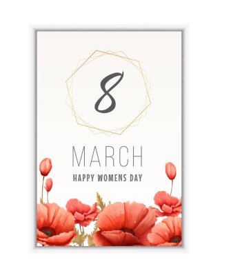 8 Mart tebrik kartı. Kırmızı çiçekli kartpostal. Buket. Çizgi sanat çiçeği. Kırmızı haşhaş kartpostalı. Tişört, kumaş, poster, çıkartma, kartpostal baskısı