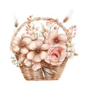 Bayram için Paskalya sepetleri. Renkli yumurtalar, laleler, Paskalya pastası ve tavşan dolu sepetler. Suluboya vektör illüstrasyonu