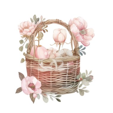 Bayram için Paskalya sepetleri. Renkli yumurtalar, laleler, Paskalya pastası ve tavşan dolu sepetler. Suluboya vektör illüstrasyonu