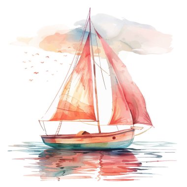 Okyanusta kırmızı yelkenli bir yelkenlinin suluboya resmi, Vector. Direk ve üçgen yelkenlerin ayrıntılı detaylarını içeriyor. Deniz sanatının güzelliğini gözler önüne seriyor.
