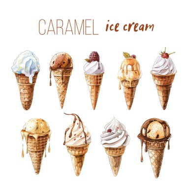 Karamelli dondurma külahı suluboya vektör tasarımını kartlar, afişler, başlıklar, parti posterleri veya sanat eserlerinizi süslemek için ayarlayın.