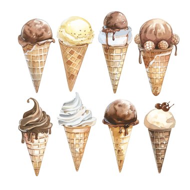 Dondurma suluboya seti vektör çizimi beyaz arka planda izole edilmiş yaz dondurma külahı, meyveli dondurma lolipop ve waffle konisi