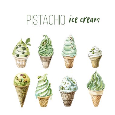 Beyaz arka planda izole edilmiş şam fıstıklı milkshake. Kremalı dondurmanın yaratıcı bileşimi fındık ve suluboya spazmlar. Etiket ya da logo tasarımı için harika. vektör sanatı.