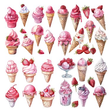 Çilekli waffle külahında çilek ve şekerleme serpiştirilmiş nefis suluboya resimli dondurma.