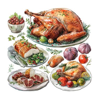 Şükran Günü yemeği çizimleri için farklı yemekler. Şükran Günü, tatiller, yemek konsepti
