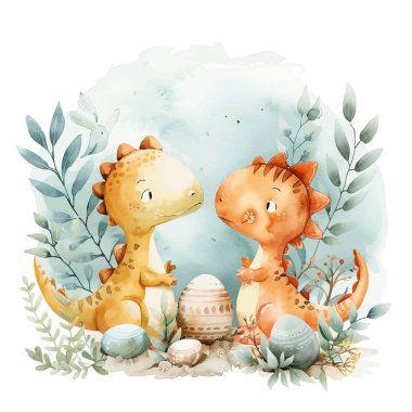 Yumurtadaki şirin küçük dinozorlar, suluboya vektör çizimi. Çocuk çizimi