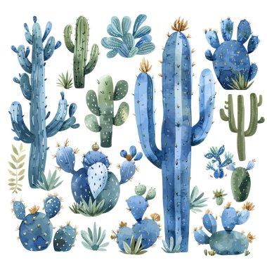 Kaktüsler. Çöl bitkisi, Meksika kaktüsü çiçeği, aloe, sulu. Suluboya dekoratif bahçe kaktüsü, ev bitkileri, Meksika 'da yaz bitkileri. Vektör düz set. Egzotik botanik dikenli elementler