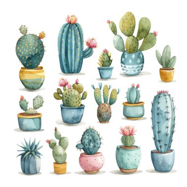 Farklı kaktüslerle el çizimi suluboya seti. Vahşi batı çöl bitkileri beyaz arka planda izole.