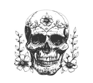 Şeker Kafatası. Ölü Kafatası Günü, beyaz arka planda izole edilmiş. Dia de los Muertos. Meksika şeker kafatası. Logo, amblem, işaret, poster, kart, pankart için tasarım elemanı. Vektör illüstrasyonu