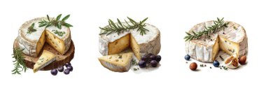 Beyaz arka plan üzerinde izole basil otlar ile parmesan peynir parçaları. İtalyan klasik mutfağı çeşni closeup. El suluboya resim çekilmiş.
