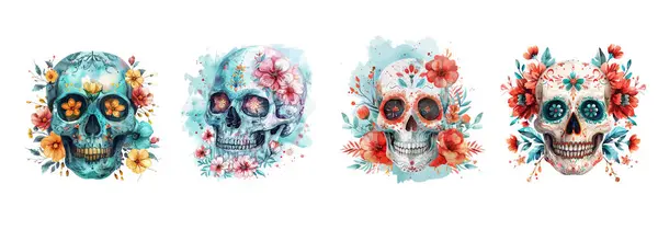 Şeker Kafatası. Ölü Kafatası Günü, beyaz arka planda izole edilmiş. Dia de los Muertos. Meksika şeker kafatası. Logo, amblem, işaret, poster, kart, pankart için tasarım elemanı. Vektör çizimi. Renk