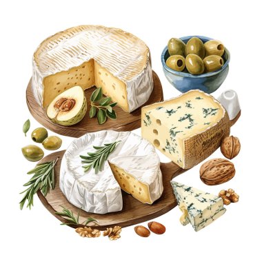 El addings ile ayarla peynir çekilmiş. Vejetaryen sağlıklı yiyecekler. Sulu boya resim. Kartı, menü ve scrapbooking için şablon