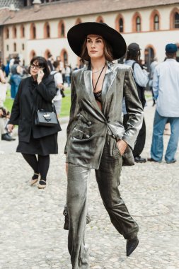 Francesca Sofia Novello outside Alberta Ferretti show during Milan Fashion Week Womenswear Spring/Summer 2024. clipart