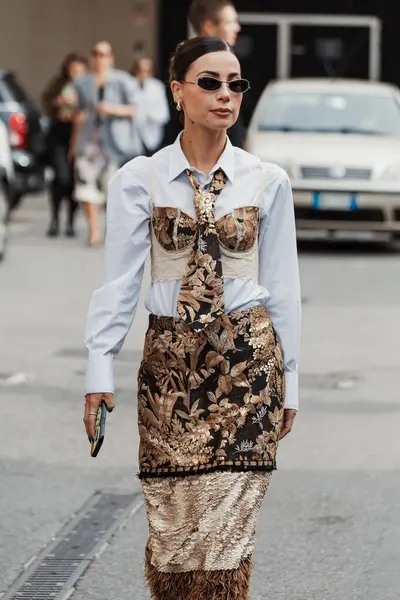 stock image Valentina Marzullo outside Antonio Marras show during Milan Fashion Week Womenswear Spring/Summer 2024.