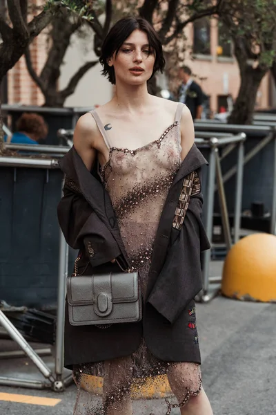 stock image Alice Pagani wears all Antonio Marras, outside Antonio Marras show during Milan Fashion Week Womenswear Spring/Summer 2024.