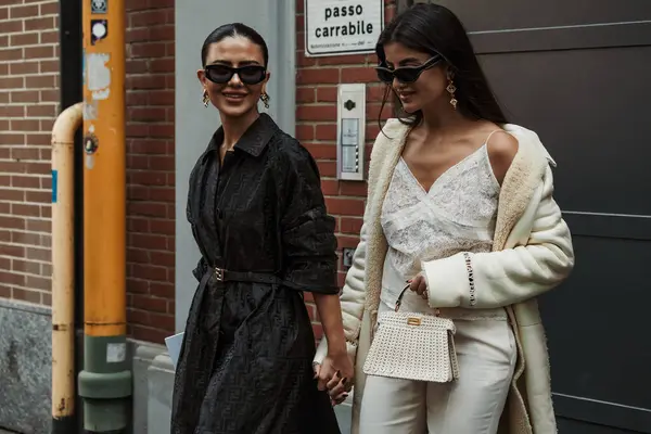 stock image Guests outside Fendi show during Milan Fashion Week Womenswear Spring/Summer 2024.