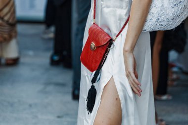 Milan Moda Haftası Kadın Giyim / Yaz 2024 Moda Programı 'nın dışında moda detayları.