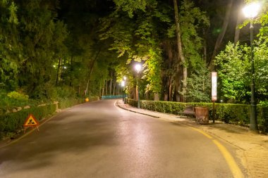 GRANADA, SPAIN - SEPTEMBER 24, 2022: Night road in ancient arabic fortress of Alhambra in Granada, Spain on September 24, 2022