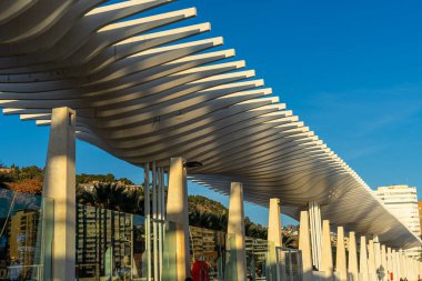 MALAGA, SPAIN - JANUARY 14, 2023: White pergola (Malaga port) in Malaga, Spain on January 14, 2023