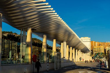 MALAGA, SPAIN - JANUARY 14, 2023: White pergola (Malaga port) in Malaga, Spain on January 14, 2023